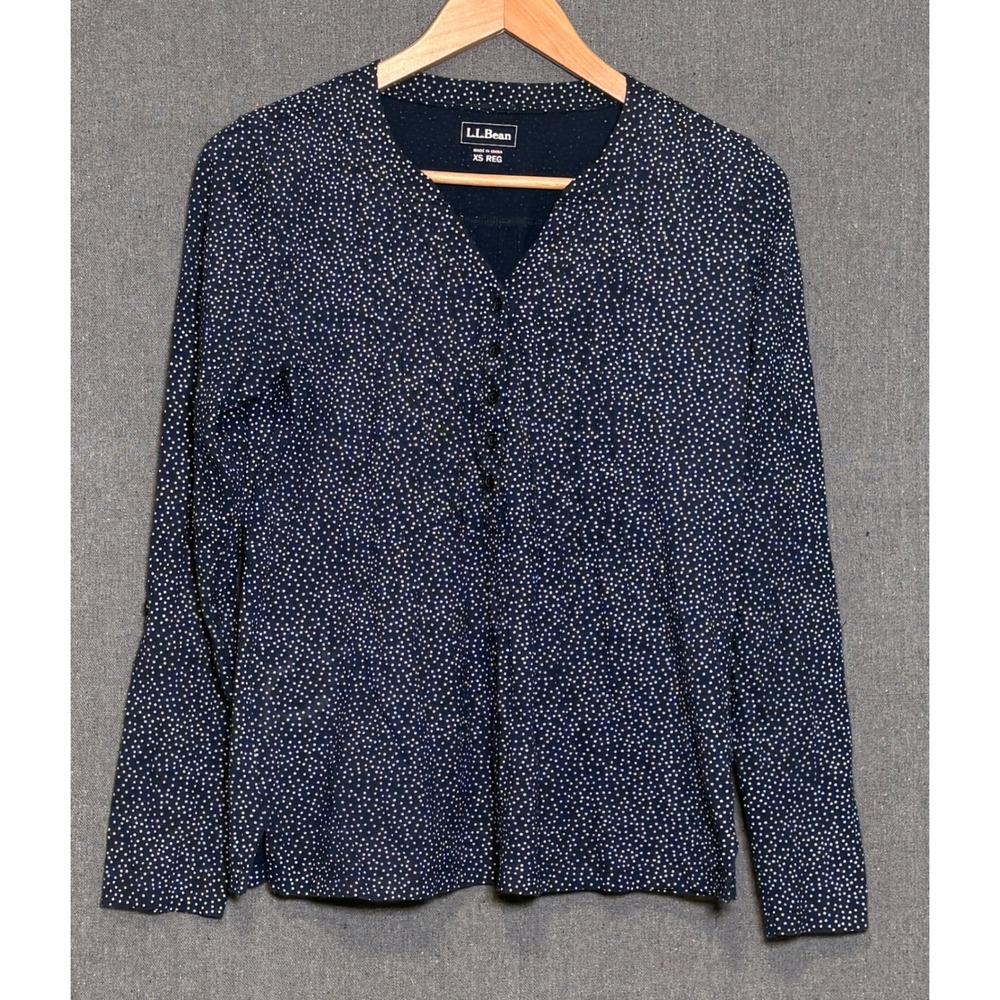 LL Bean Womens Navy Blue Polka Dot Cotton V-Neck Long Sleeve Button Top XS REG